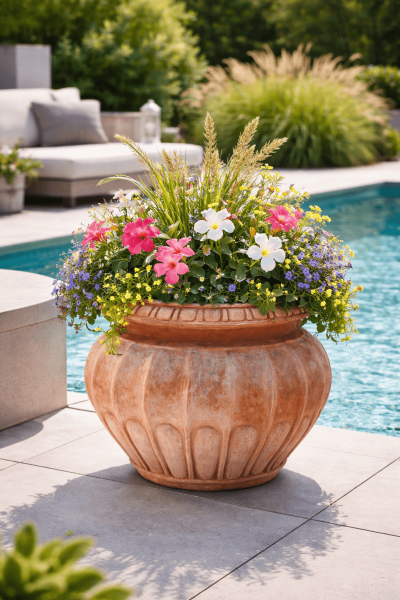 Bauchiger Terracottatopf mit antiken Kanneluren – klassische Eleganz in toskanischer Handwerkskunst